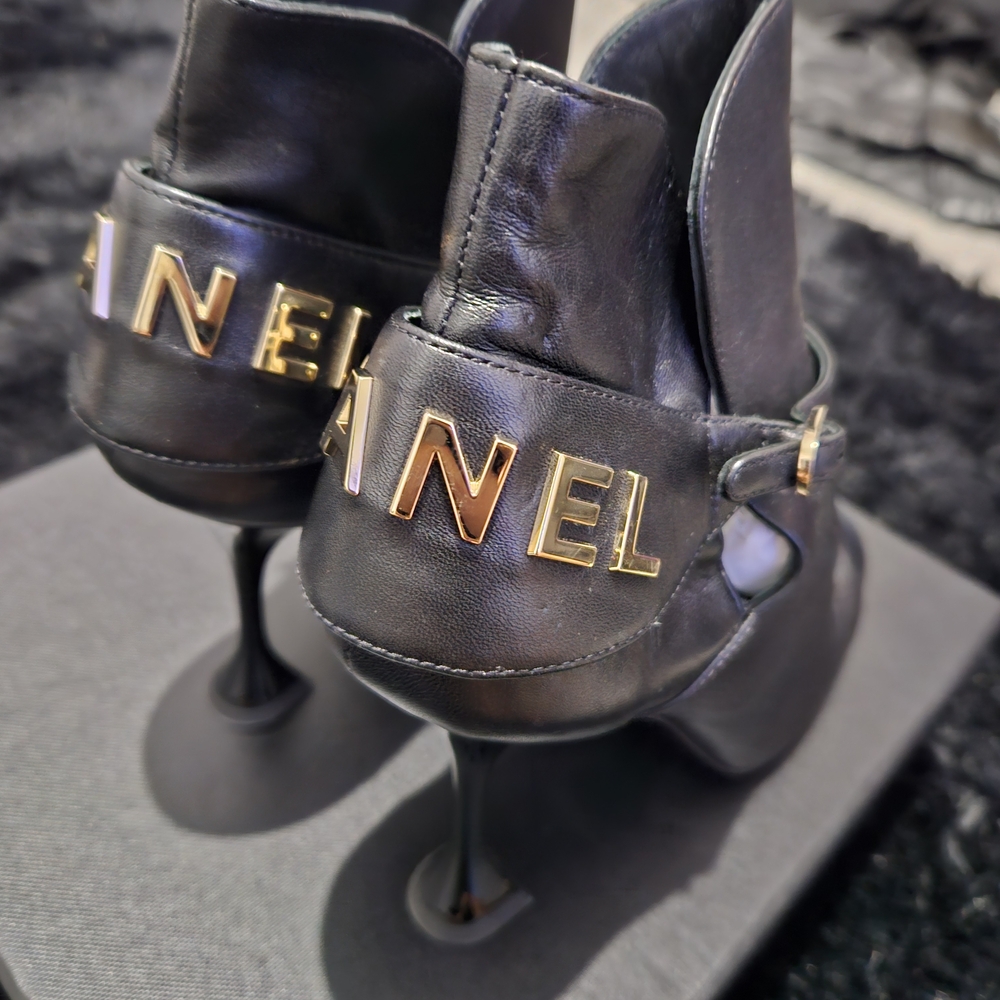 CHANEL Black Ankle Boots with Gold Accents - Picture 6 of 7
